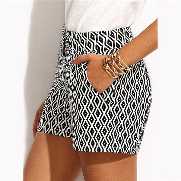 Black and White Mid Waist Casual Shorts