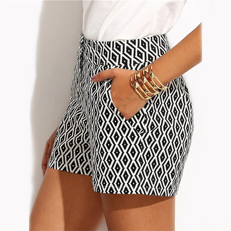 Black and White Mid Waist Casual Shorts