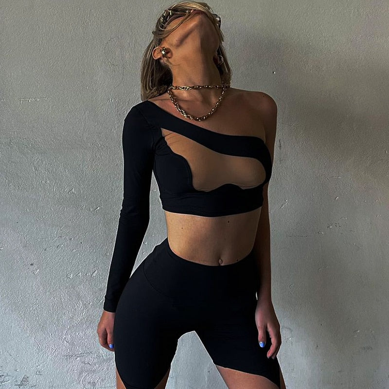 Black One Shoulder Patchwork Crop Top